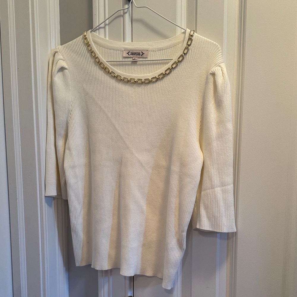 Nanette Lepore Cream Sweater with Gold Chain Detail